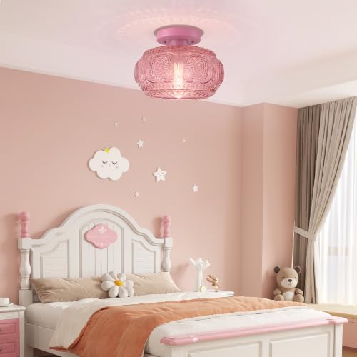 Image of Large Globe Glass Semi Flush Mount Ceiling Light Fixture, Pink