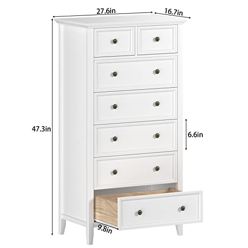 Ikeno White 7 Drawer Tall Dresser, Solid Wood Large Storage Cabinet, Modern Simple White Tall Chest Of Drawer For Bedroom Living Room Hallway Entryway (White) #TOP1