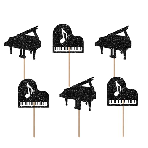 Piano Cupcake Toppers, Musician Birthday Party Cupcake Picks, Black Glitter Musical Instruments Cake Picks for Music Concert Themed Birthday/Wedding Party Decoration Supplies