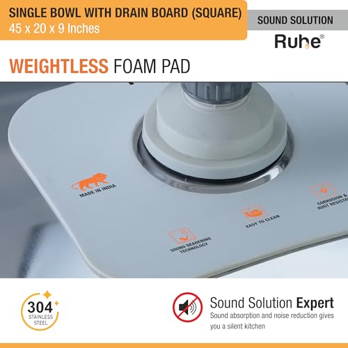 Image of Ruhe? Square Single Bowl 45 x 20 x 9 inch Drainboard Kitchen Sink | 304-Grade Stainless Steel Square Single Bowl with Drainboard Kitchen Sink | Glossy Finish | Included Sink Coupling and Waste Pipe