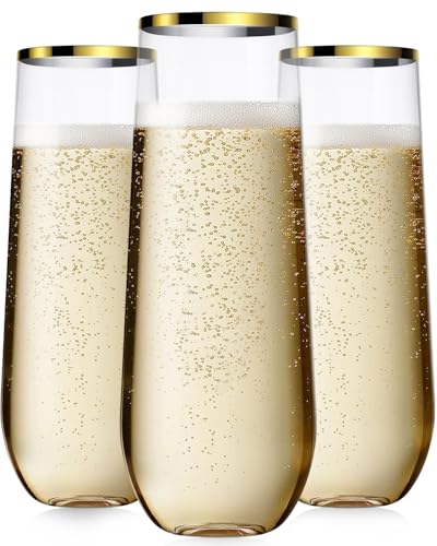 Comparison: Best Plastic Champagne Flutes 5 Maaacute 24 Pcak Champagne Flutes Plastic, 9 Oz Disposable Stemless Mimosa Gold Rim Toasting Glasses, Clear Crystal Plastic Cocktail Cups for Party Wedding Birthday