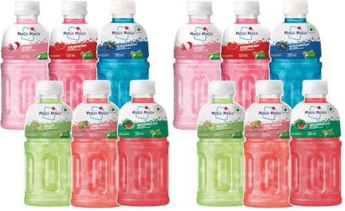 Image of Mogu Mogu Assorted Flavour Juice with Nata de Coco Jelly (Pack of 12), Lychee, Strawberry, Blackcurrant, Melon, Pink Guava & Watermelon, Imported from Thailand
