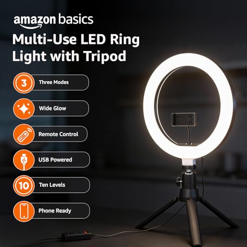 Image of Amazon Basics 12-inch Professional LED Ring Light with Tripod Stand | 3 Color Temperature Modes | 10 Brightness Settings | Suitable for Photoshoot, Makeup, Videography