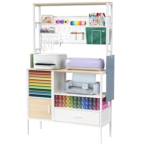 GDLF Craft Storage Cabinet Compatible with Cricut Machines, Supports Simultaneous Use of 2 Cutting Machines & Printer, Large Craft Organizer with Drawer, Vinyl Roll Holder, Tool & Accessory Workspace