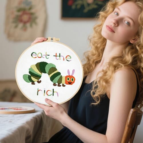 Image of Hungry Caterpillar Embroidery Kits for Beginners Adults, Cute Embroidery Starter Kits, Counted Cross Stitch Kits for Beginners DIY Craft Kits for Adults Women, Embroidery Hoop, Thread & Video Tutorial