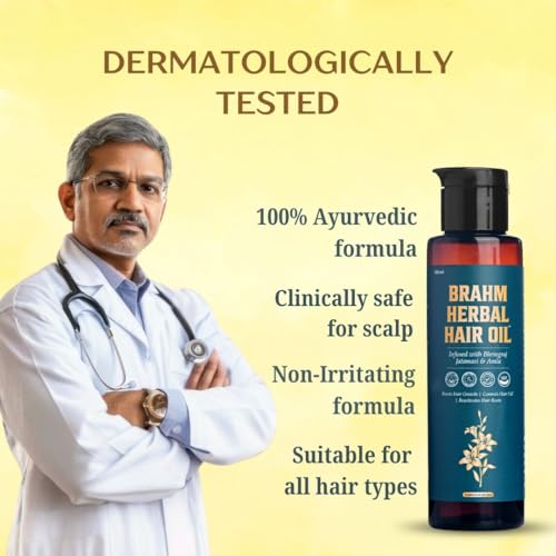 Image of BRAHM HERBAL Ayurvedic Hair Oil for Hair Growth | Stimulates Hair Growth, Controls Hair Fall & Dandruff | Herbal Mix Hair Oil for Men & Women | Powered By 15 Ayurvedic Herbs - Bhringraj, Jatamansi, Ratanjot, Amla & More | No Added Chemical & Mineral Oil | (100 ML)