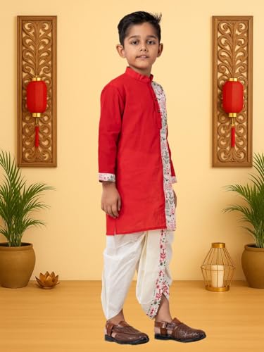 Image of Kids Ethnic Wear - Stylish Half Printed & Vibrant Color Pure Cotton Kurta with Elastic Waist Dhoti Set for Boys