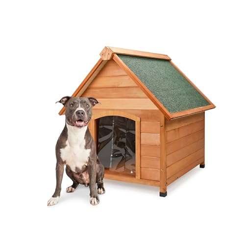 AQPET Cuccia per Cani in Legno M da Esterno con Tetto Spiovente Impermeabile e Tenda Termica, Casetta Cane Isolata per Interno ed Esterno, Resistente alle Intemperie, 87x116x96h cm