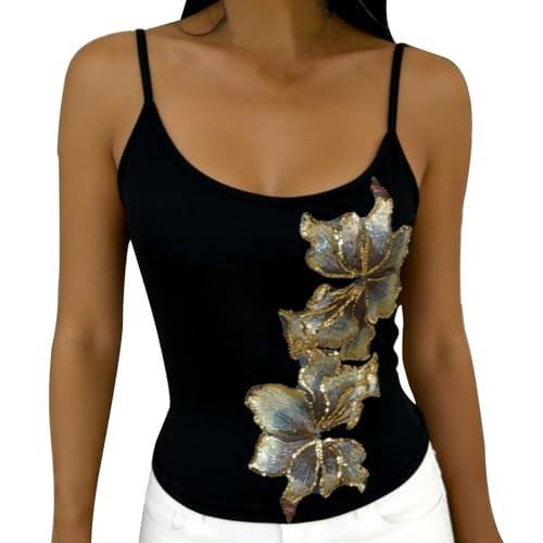 Women's Black Spaghetti Strap Top: Silver Sequin Sleeveless Tank Top Polyester & Clubwear Camisole (Black, L)