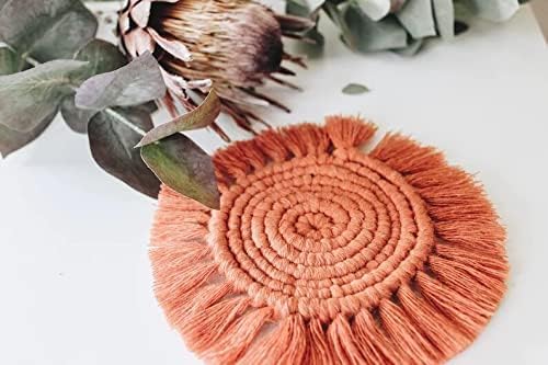 MTRXX Handmade Macrame Coasters Set of 4 – Round Cotton Drink Mats in Blush Pink, 4-Inch Boho Coasters for Tea, Coffee & Home Decor, Woven Table Accessories