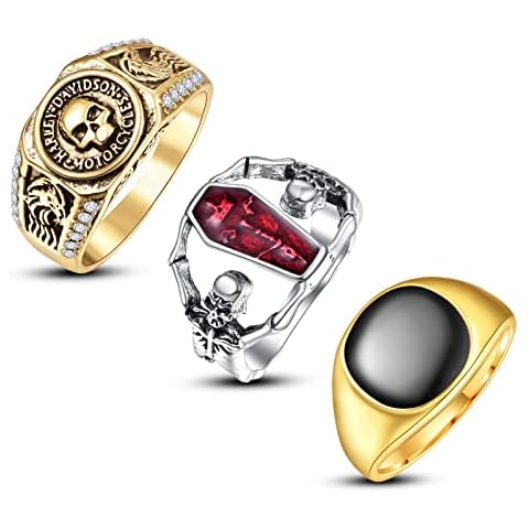Phyonio Stainless Steel Signet Ring for Men Vintage Skull Rings Silver Gold Wedding Band Size T1/2 Cover