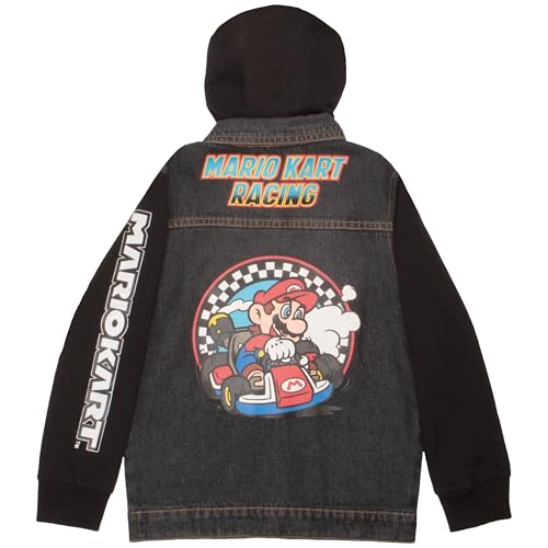 Nintendo Super Mario Bros Boys' Casual Fashion Hoodie, Mario Kart Racing Video Game Character-Inspired Hooded Denim Jacket For Kids (Size 4, Black)2