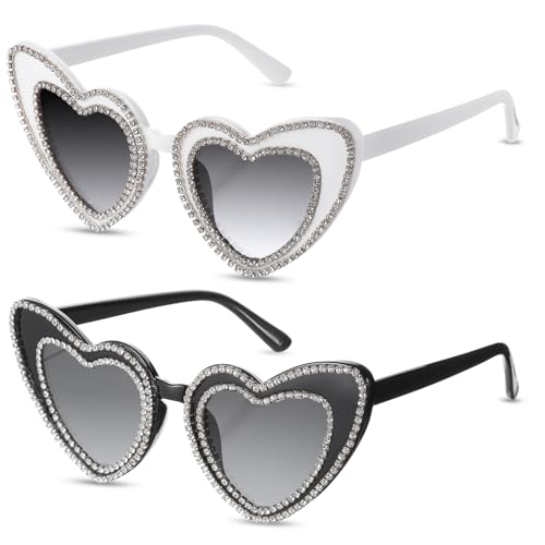 Larrel Rhinestones Heart Sunglasses for Women, 2 Pcs Vintage Wedding Sunglasses Bridal Party Sunglass Couple Gifts for Women Girls Adults Dress up Bachelorette Party Decorations(Black, White)