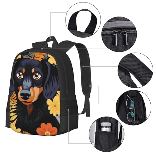 Large Capacity Pattern Using Dachshun Dog Flowers Leaves Pet Backpack Multipurpose Bag Zipper Backpack Unisex 17 in4