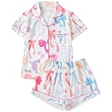 QJDFLL Gemütlicher Kurzarmpyjama aus Seidenmischung mit Schleifenbesatz und fließenden Shorts – leichte Homewear für den Valentinstag(Weiß,L)