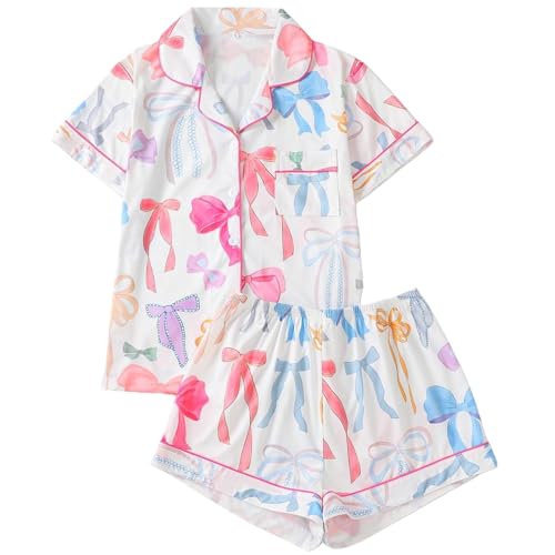 Conjunto de pijama cómodo para mujer, mezcla de seda, manga corta, con ribete de lazo y pantalones cortos fluidos, ropa ligera para el hogar, día de San Valentín, dormir y descansar, blanco, L