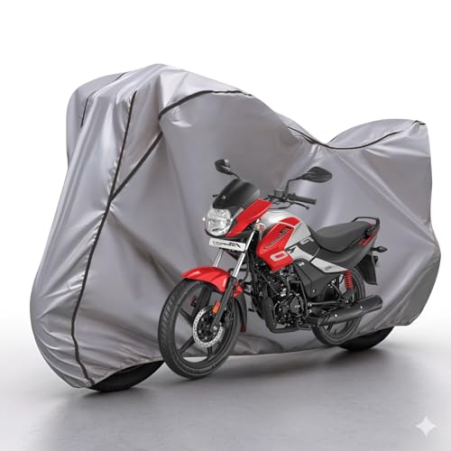 Image of Waterproof Bike Body Cover Compatible with Hero Passion Pro Dustproof Scratchproof - Motorcycle Cover for Two Wheeler, Outdoor Full Cover with UV, Duty, Rain Protection (Silver & Black) R1
