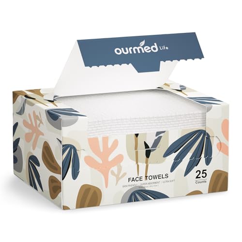 Ourmed Life Face Towels, Disposable Biodegradable Facial Towels for Sensitive Skin, Lint- Free Face Wipes for Washing Face, Skincare and Makeup Remover, Dry Wipes, 10×12 Extra Large, 25 Count