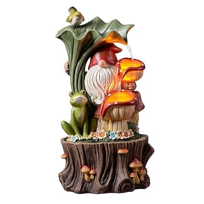 Kalona Gnome Outdoor Waterfall Fountain with LED Lights, Resin Tree Stump Waterfall Fountain for Patio Balcony Yard, 21" Tall Garden Water Feature 25007