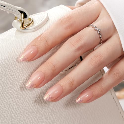 VSALON Almond Short Press On Nails, Light Pink Aurora Finish 3D Sculpted French Tip Light Curable False Nails, Reusable Opaque Gel Stick On Nails Kit - 32 pcs in 16 Sizes with Glues & Adhesive tabs