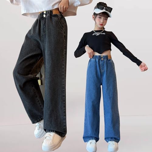 Wide Leg Baggy Jeans for Girls High Waist Elastic Straight Loose Stretch Denim Pants Kids Teen Solid Oversized Bottom4