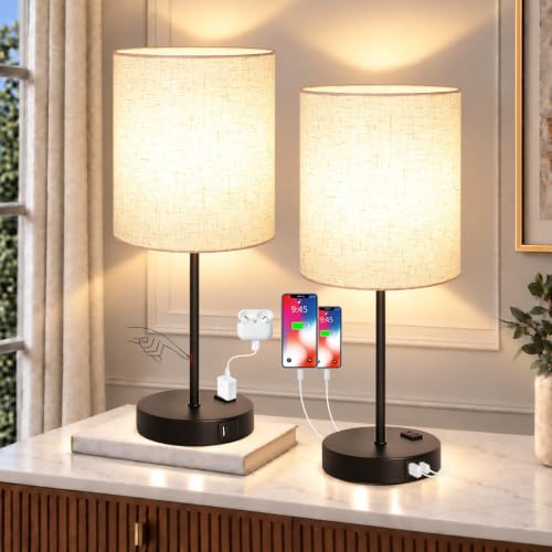 Lynnoland 2 Pack Touch Control Table Lamps with 2 USB & AC Outlet, 3-Way Dimmable Bedside Nightstand Lamps for Bedroom Living Room Nursery, 800 Lumens 3000K Warmlight Bulbs Included