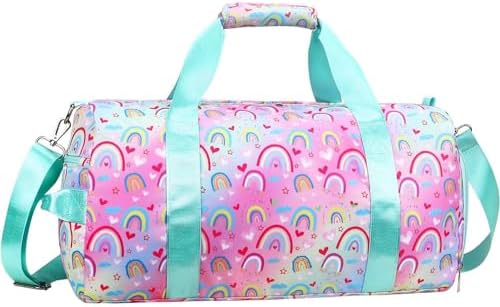 Gym Travel Duffle Bag for Girls – Gymnastics Sports Dance Bag with Shoe Compartment & Wet Pocket Rainbow Kids Travel Bag Teens Weekender Sleepover Carry On Bag