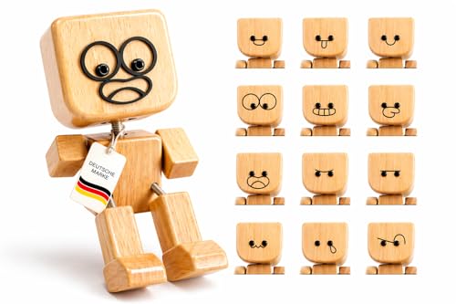 Wackelnder Holzmann mit 12 verschiedene Ausdrücke Handgefertigtes wackelndes Holzmännchen fürs Auto | Shaking Wooden Man / Wackelfigur - Lustige Deko & Geschenkidee - Schüttelmann für Armaturenbrett