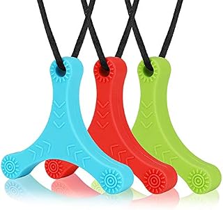 Laelr Teether Toy Set 3 Pack Silicone Sensory Chew Toy Necklace for Autistic/Anxiety Aid Safe Fidget Toy Chewy Sensory Toy Autism Toys (red+Blue+Green)