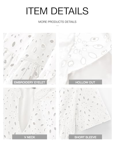 BTFBM Womens Boho Summer Dresses 2025 Resort V Neck Short Sleeve Hollow Out Lace Ruffle Casual Beach Mini Vacation Dress(White, Large)