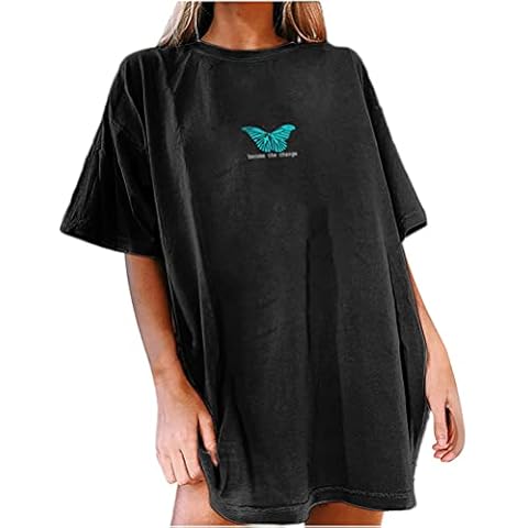 Tomwell T-Shirt Damen Oversized Mode Lose Rundhals Kurzarm Sommer Oberteile Vintage Drucken Bluse Sport Oberteile Vintage Sweatshirt Teenager Mädchen Tunika Lang Tops A Schwarz M Cover