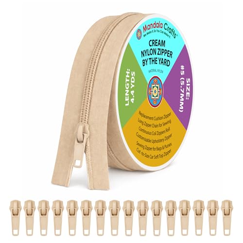Mandala Crafts #5 Cream Nylon Zippers by the Yard with Preinstalled Pulls
