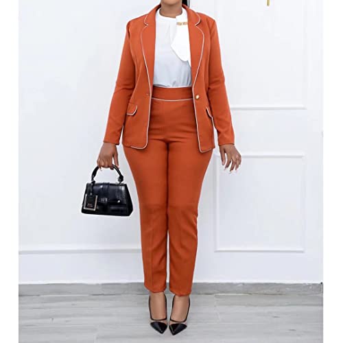 Women's Blazer Suits Two Piece Solid Single-Breasted Work Pant Suit For Women Business Office Lady Suits Sets Orange L #TOP1