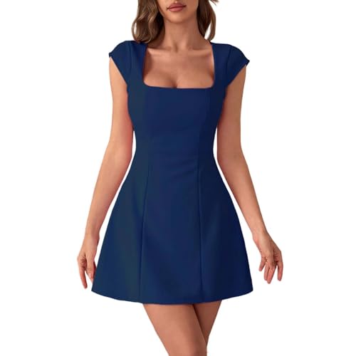 Robe d'été fluide mi-longue col carré manches courtes unie
