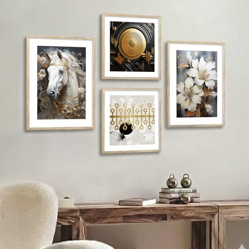 Image of kotart Premium Golden and Black Horse Paintings with Frame for Home Decoration - Modern Art Painting for Living Room Bedroom Office Wall Decoration - Pack of 4 (Art 6, Big (13x17 or 13x13 inch))