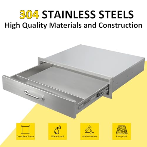 Image of Outdoor Kitchen Drawers 30 inch W x 6.5 inch H x 23 inch D Flush Mount BBQ Single Drawers with Divider,Built-in Stainless Steel Drawer with Chrome Handle for Outdoor Kitchen Island Patio Grill Station
