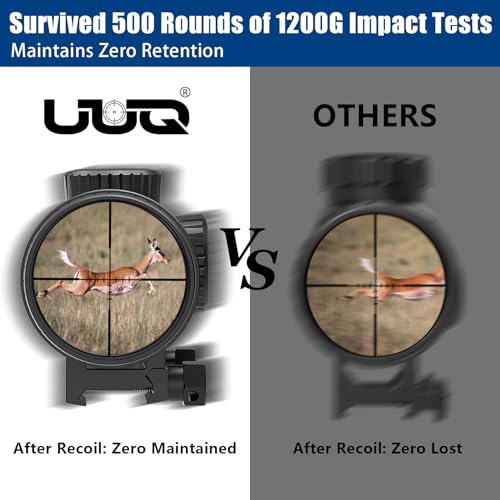 UUQ VibeShield Rifle Scope with Mil-dot Reticle - Shockproof SFP Optics for Hunting and Airsoft, Fit Large Caliber & High Recoil Guns, FMC Green Lens, 1-Inch Tube, Includes 20mm Mounts