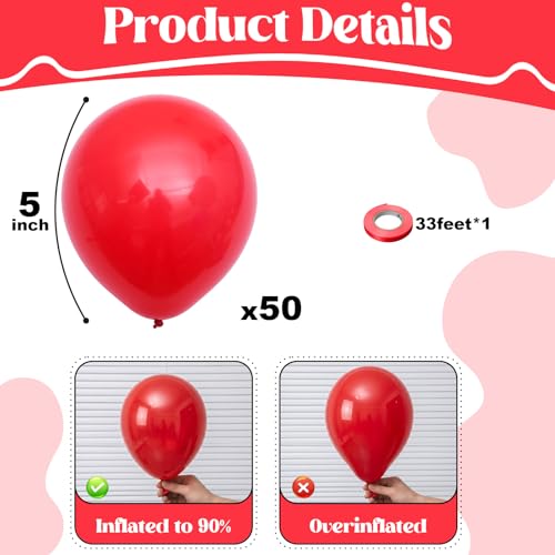 Image of Togvu Red Balloons, 50Pack 5 Inch Small Mini Matte Red Latex Party Balloons for Valentine's Day Anniversary Cherry Birthday Graduation Casino Patriotic Party Decorations Supplies