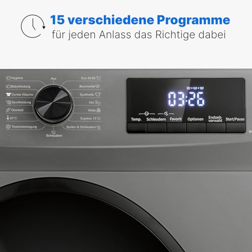 Bomann® Waschmaschine 8kg | max. 1400 U/min | 10 Jahre Motor-Garantie | robuster, leiser & langlebiger Invertermotor | 15 Waschprogramme | LED-Display | mit Dampffunkt. | WA 7185 Titan - Schwarz - 3