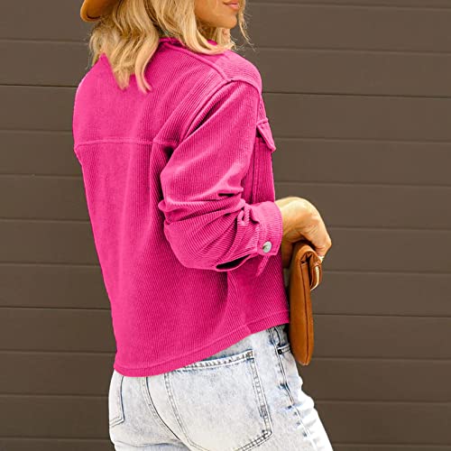 Flannel Shirt Jacket Women, Long Denim Jacket Faux Leather Jacket Women's Autumn And Winter Fashion Solid Color Single Breasted Long Sleeve Pocket Jacket Casual Long Sleeve Fleece (Hot Pink,Large) #TOP2