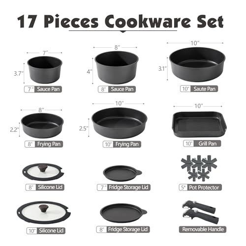 Image of SENSARTE 17 Piece Pots and Pans Set, Nonstick Detachable Handle Cookware Set, Induction Kitchen Cookware Set with Removable Handle, Healthy Non Stick for RV, Dishwasher & Oven Safe, PFOA Free (Black)