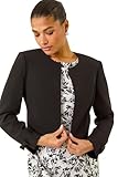 Roman Originals Cropped Bolero Jacket for Women UK Ladies Wedding Guests Shrug Jacquard Tailored Fitted Blazer Smart Work Formal Evening Short Round Collar 2 Pockets - Jet Black - Size 14