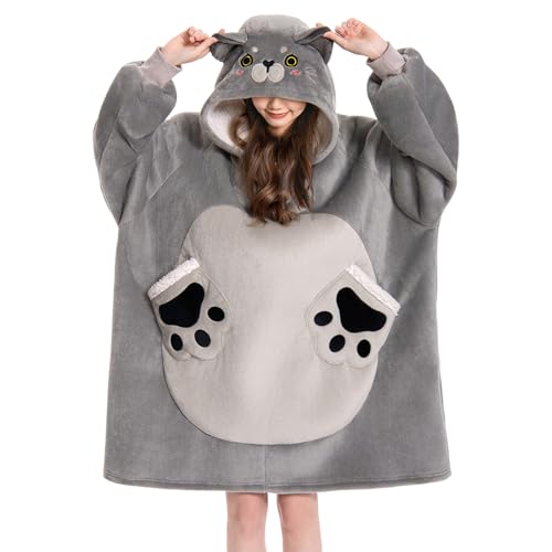 OLAOLA Sweat à Capuche Couverture Surdimensionnée Chat pour Adultes, Pull Plaid à Capuche en Polaire Sherpa avec Manches et Poches, Sweat Plaid Doux et Chaud pour...