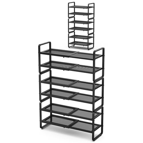 Image of SNTD Shoe Rack - Expandable Shoe Organizer for Closet, Adjustable Metal Shoe Shelf Storage, Stackable Long Shoe Stand Holder for Garage, Entryway, Door Entrance (Black, 6-Tier)