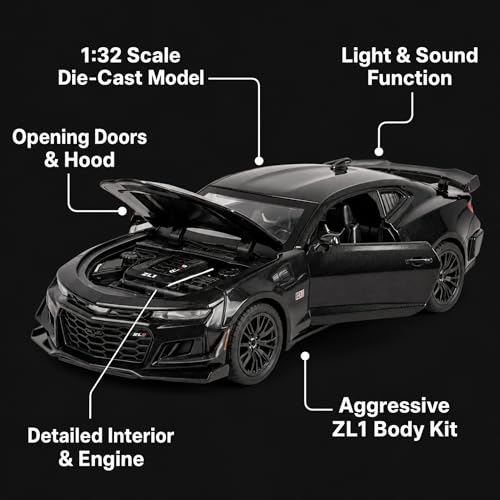 Image of Chevrolet Camaro ZL1 1:32 Scale Die Cast Metal Car - Pull Back Sports Muscle Model with Openable Doors & Hood, Lights & Sound, Collectible Showpiece for Kids 6+ & Car Enthusiasts
