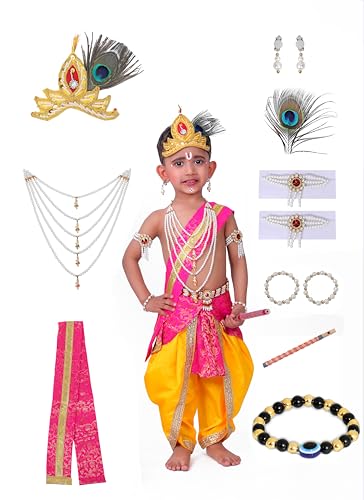 Image of Krishna Dress for Kids, Baby Krishna Dress for Janmashtami with Krishna Mukut, Peacock Feather & Flute Embroidered Krishna Costume for Girl & Boy, 3 Months-8 Years