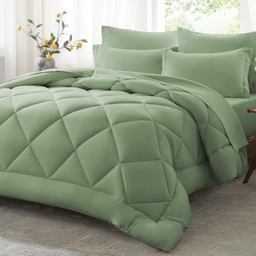 Anluoer Queen Comforter Set,Sage Green Bed in a Bag 7 Piece,Lightweight Bedding Set with Soft Down Alternative Fill,Bed Set Includes Comforter, Fitted Sheet, Flat Sheet,Pillowcases and Shams
