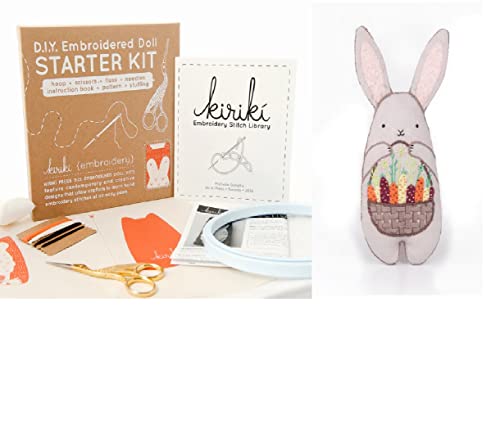 Image of Kiriki Press DIY Embroidery Doll Kit - Skill Level 2 - Beginner to Advanced Embroidery Kits for Adults Teens (3 Skill Levels) Animal Embroidery Kit - Screen Printed Pattern (Bunny - Level 2)