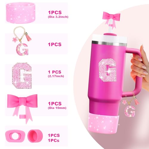 Image of Mity rain 6PCS Pink Cup Accessories for Stanley Cup 30oz 40oz - Tumbler Initials Decoration for Stanley, Including Silicone Straw Cover Cap and Boot, Spill Proof Stopper,Handle Charm, Sticker,Letter G