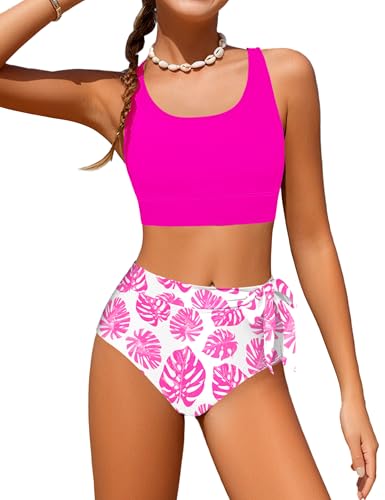 Image of Girls Tankini Swimsuits Tropical Print Bathing Suit Two Piece Girls' Swimwear with Tie Side Knot 9-16T